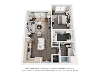 A 3D floor plan of a small apartment with a kitchen, living room, and bathroom.