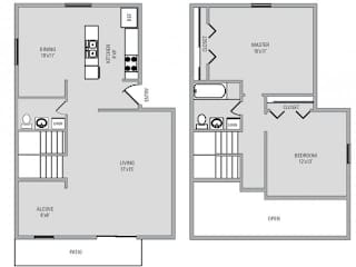 A floor plan of a two bedroom apartment with a living room, dining room, kitchen, and bathroom.
