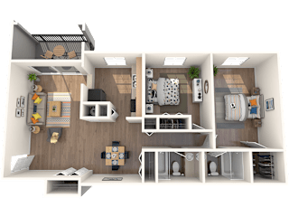 Apartments in Tampa, FL for Rent – Belara Lakes – 3D floorplan of our 2 bed, 2 bath, 1048 sq. ft. Swan floorplan