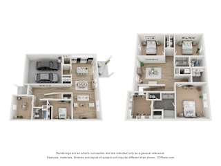 A 3D floor plan of a 4-bedroom home with a garage for two cars.