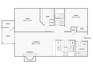 Deluxe 2 bed 1 bath 912 square feet floor plan