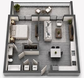 Unit A one-bedroom apartment floor plan at MB Station apartments in Miami, FL featuring an open living and dining area, modern kitchen, spacious bedroom, full bathroom, and private balcony. Pet-friendly apartments near Coral Way, Silver Bluff, Coconut Grove, and Brickell.