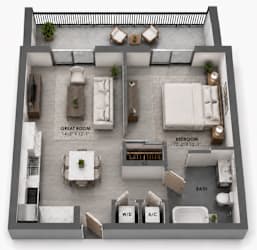 Unit A1 one-bedroom apartment floor plan at MB Station in Miami featuring a spacious great room, contemporary kitchen, private bedroom, full bath, and outdoor living space. Pet-friendly apartments for rent near Coral Way and The Roads.