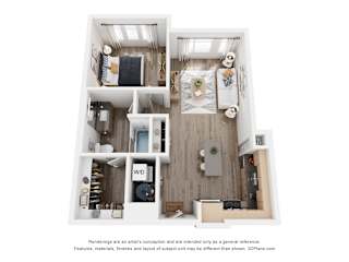 A 3D floor plan of a small apartment with a kitchen, living room, and bathroom.