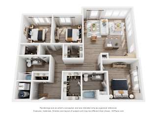 A 3D floor plan of a house with labeled rooms.