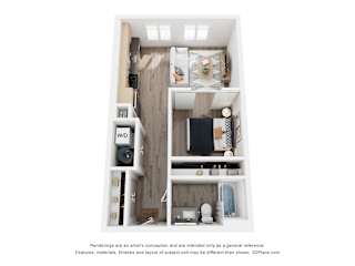 A 3D floor plan of a small apartment with a kitchen, living room, and bathroom.