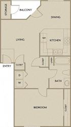 1 Bed 1 Bath 747 square feet floor plan A1A