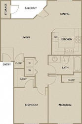 2 Bed 1 Bath 901 square feet floor plan B1B