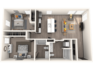 a 3D rendered floor plan of a 2 bedroom apartment