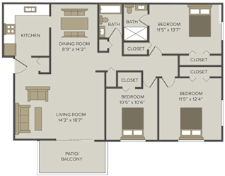 three bed two bath windsor floor plan at castle pointe