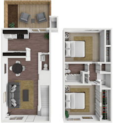 A floor plan of a two-story apartment with a living room, kitchen, and bedrooms.
