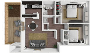 A top-down view of a modern apartment layout with a kitchen, living room, and bedroom.