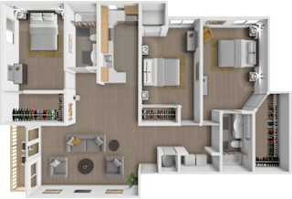 A 3D floor plan of a house with a living room, kitchen, and dining area.