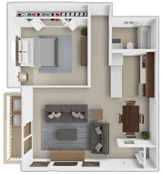 a conceptual rendering of a 1 bedroom apartment with a living room and a dining room