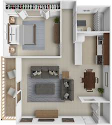 A top-down view of a modern apartment layout with a kitchen, living room, and dining area.
