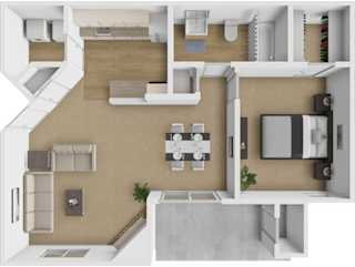 A top-down view of a modern apartment with a kitchen, living room, and bathroom.