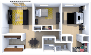 2 bedroom 1 bath floor plan at Pine Lake Manor apartments