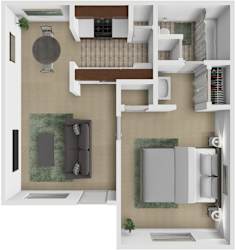 A floor plan of a house with a living room, kitchen, and bathroom.