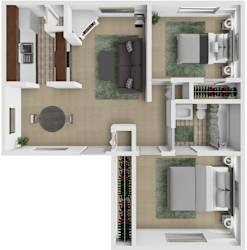 A top-down view of a small apartment layout with a kitchen, living room, and bathroom.