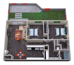 A 3D rendered image of a dollhouse interior.
