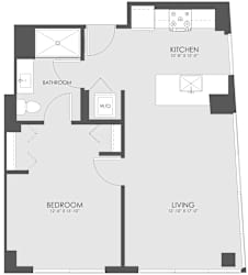 A floor plan of a small apartment with a kitchen, bathroom, bedroom, and living room.