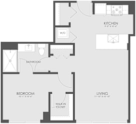 A floor plan of a small apartment with a kitchen, bathroom, bedroom, and living room.