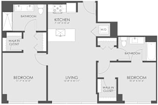 A floor plan of a house with a kitchen, living room, and two bedrooms.