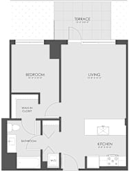 A floor plan of a small apartment with a terrace, bedroom, bathroom, living room, kitchen, and walk-in closet.