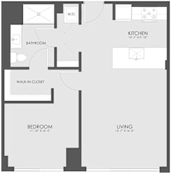 A floor plan of a small apartment with a kitchen, living room, and bathroom.