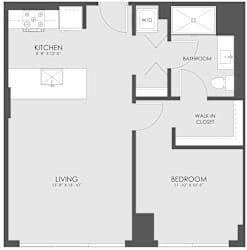 A floor plan of a small apartment with a kitchen, living room, bedroom, bathroom, and walk-in closet.