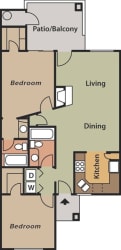 La Reserve 2A Floor Plan with the Bedrooms and bathrooms on the left side, dining, living and kitchen area on the right with the patio/balcony on the top.