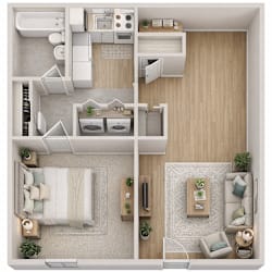 A top-down view of a small apartment with a bedroom, living room, and kitchen.