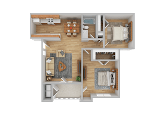 A top-down view of a house layout with a kitchen, living room, dining area, and bedrooms.