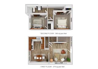 A diagram of a two-story apartment with the first floor being 379 square feet and the second floor being 389 square feet.