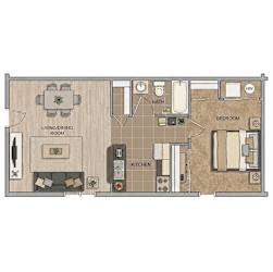 A floor plan of a house with a living room, dining room, kitchen, bathroom and bedroom.