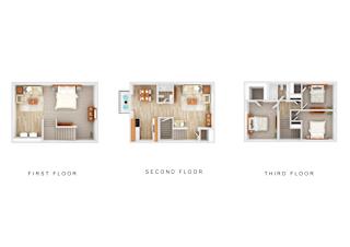 Three images showing the layout of the first, second and third floors of a house.