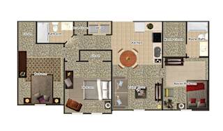 A floor plan of a house with a kitchen, living room, and two bedrooms.