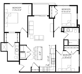 A black and white image of a floor plan for a house with three bedrooms.