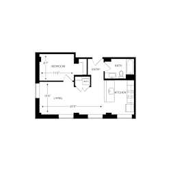 A floor plan of a small apartment with a living room, bedroom, bathroom, and kitchen.