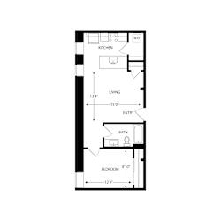 A floor plan of a small apartment with a living room, kitchen, bathroom and bedroom.