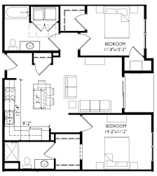 A black and white image of a floor plan for a house with two bedrooms.