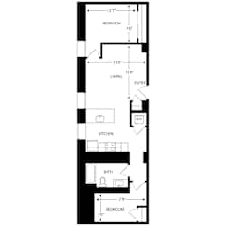 A floor plan of a house with a bedroom, living room, kitchen, and bathroom.
