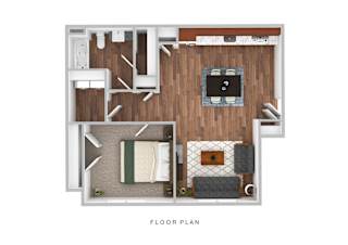 A floor plan of a room with a couch, chair, and television.