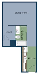 A diagram of a living room with a closet, bathroom, and kitchen.