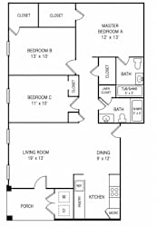 A black and white floor plan of a house with three bedrooms, a living room, a dining room, a kitchen, a porch, and a master bedroom.