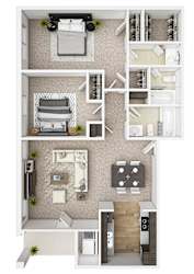 A floor plan of a small apartment with a bedroom, living room, kitchen, and bathroom.