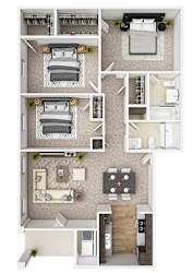 A series of images showing different layouts of a bedroom, kitchen, and living room.