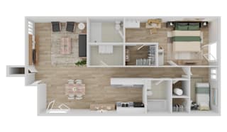 A top-down view of a modern apartment layout with a kitchen, living room, and bedrooms.