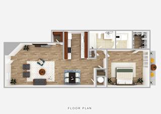 A floor plan of a house with a living room, kitchen, and bedrooms.