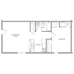 A floor plan of a small apartment with a living room, kitchen, and bedroom.